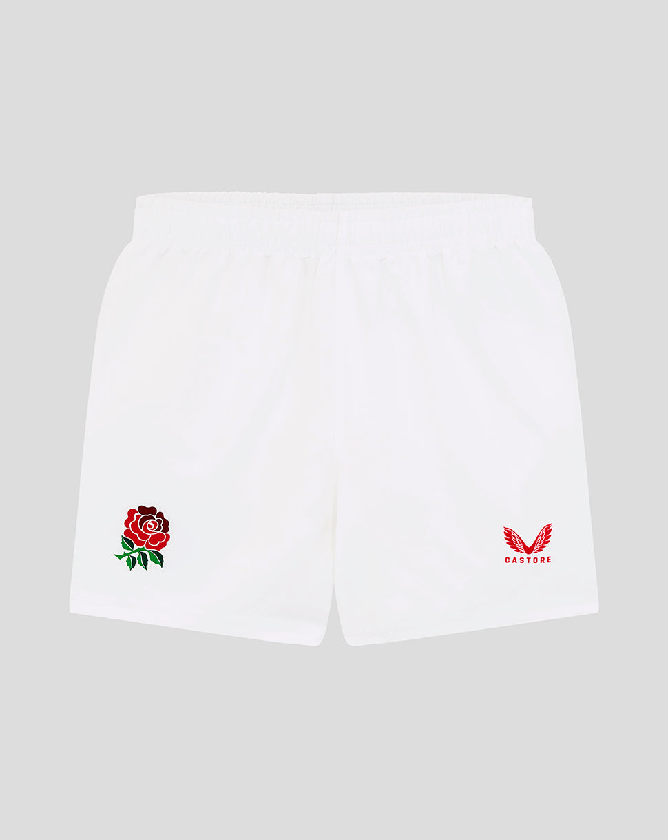 White infant shorts featuring a red rose emblem on the left leg and Castore logo on the right leg