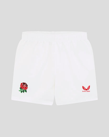White infant shorts featuring a red rose emblem on the left leg and Castore logo on the right leg
