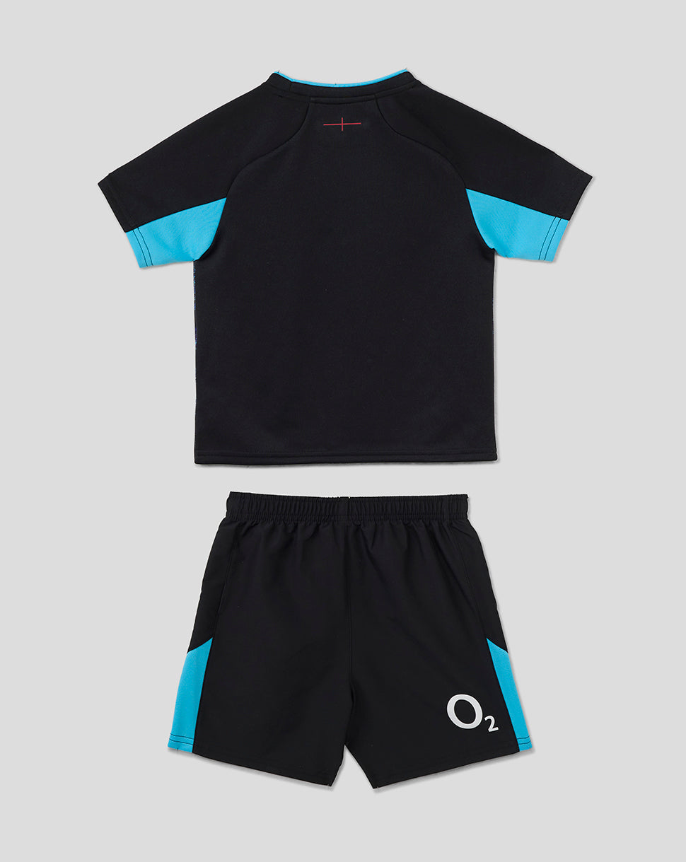 Back view of infant England Rugby short sleeve alternate kit showing navy top with turquoise trim and matching shorts
