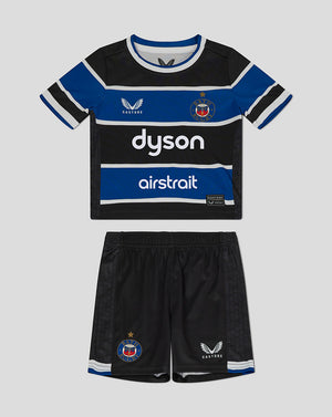Infant Bath Rugby Home Kit featuring striped blue and black jersey with crest and matching black shorts.