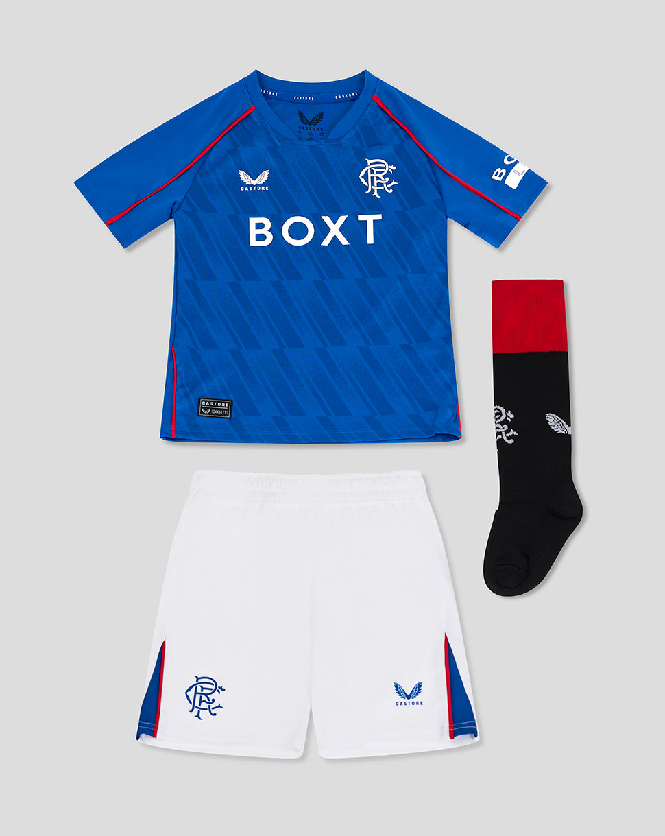 Rangers Infant 24/25 Home Nested Kit laid out with blue printed shirt white shorts and black socks with red trim