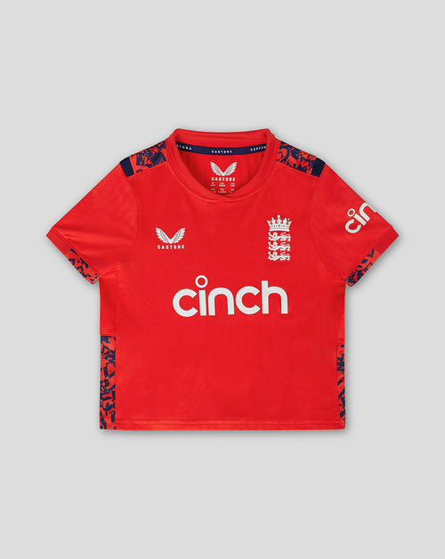 Infant England 24/25 T20 short sleeve shirt in fiery red with left chest crest and Castore branding on the right chest