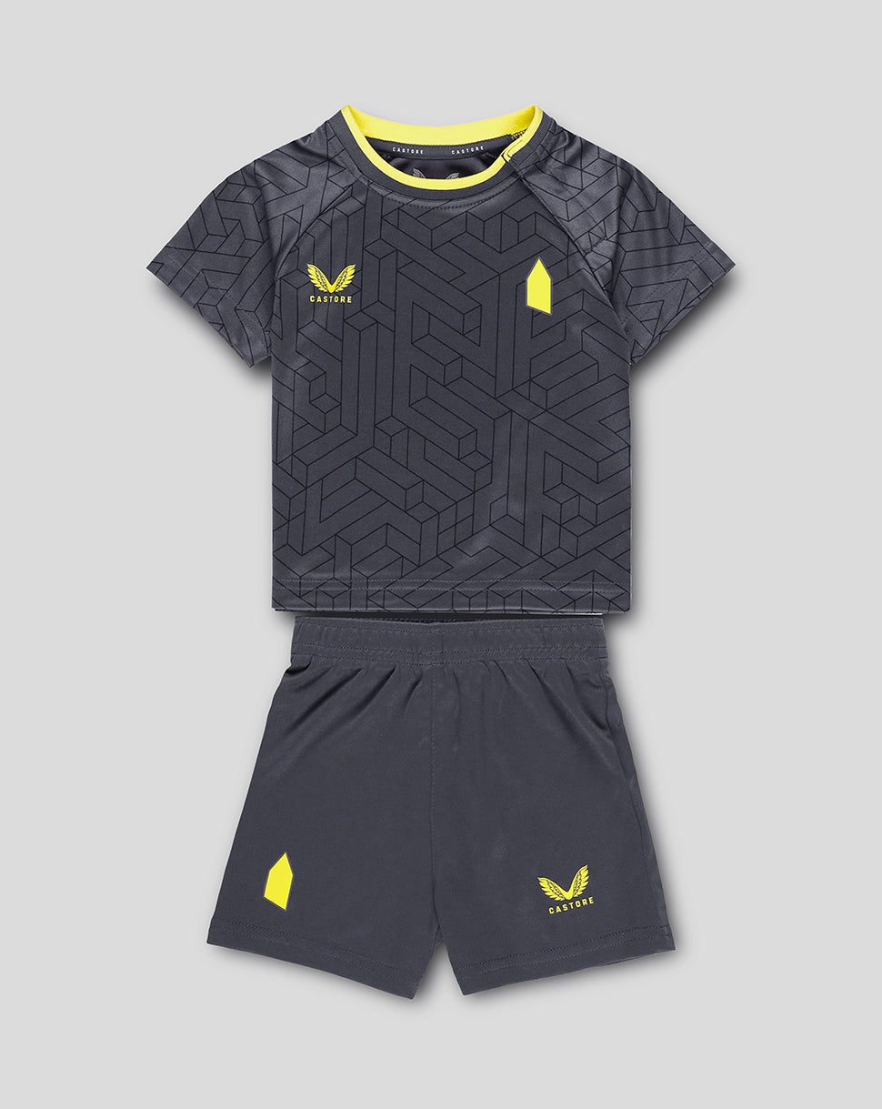 Everton away nested infant kit two piece in dark grey with geometric print and neon yellow accents with matching shorts