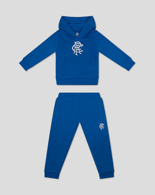 Blue Rangers FC infant hooded sweatshirt with matching pants, white club crest on the chest and left thigh.
