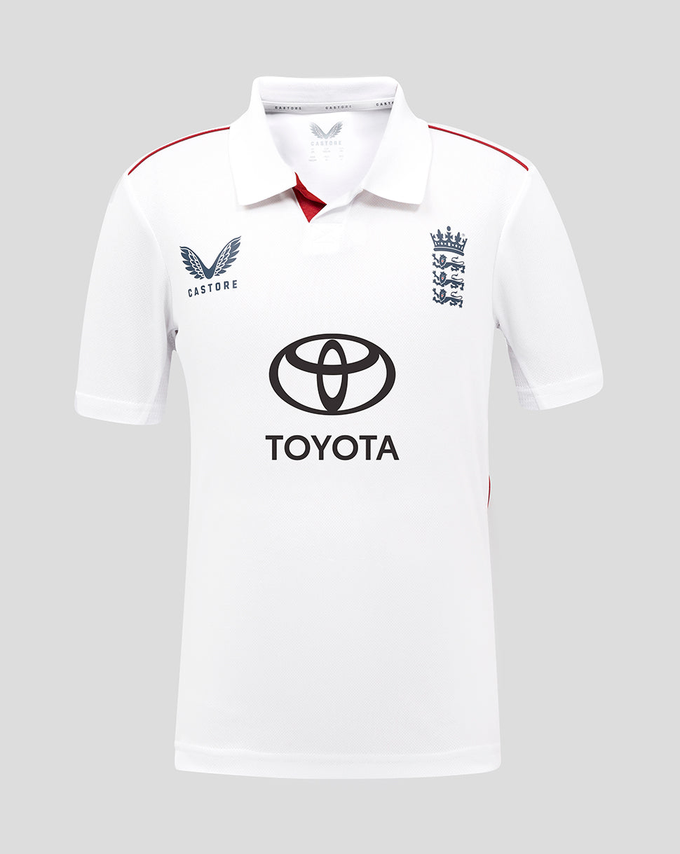 Front view of the junior England Test shirt with the three lions crest and Toyota sponsor.