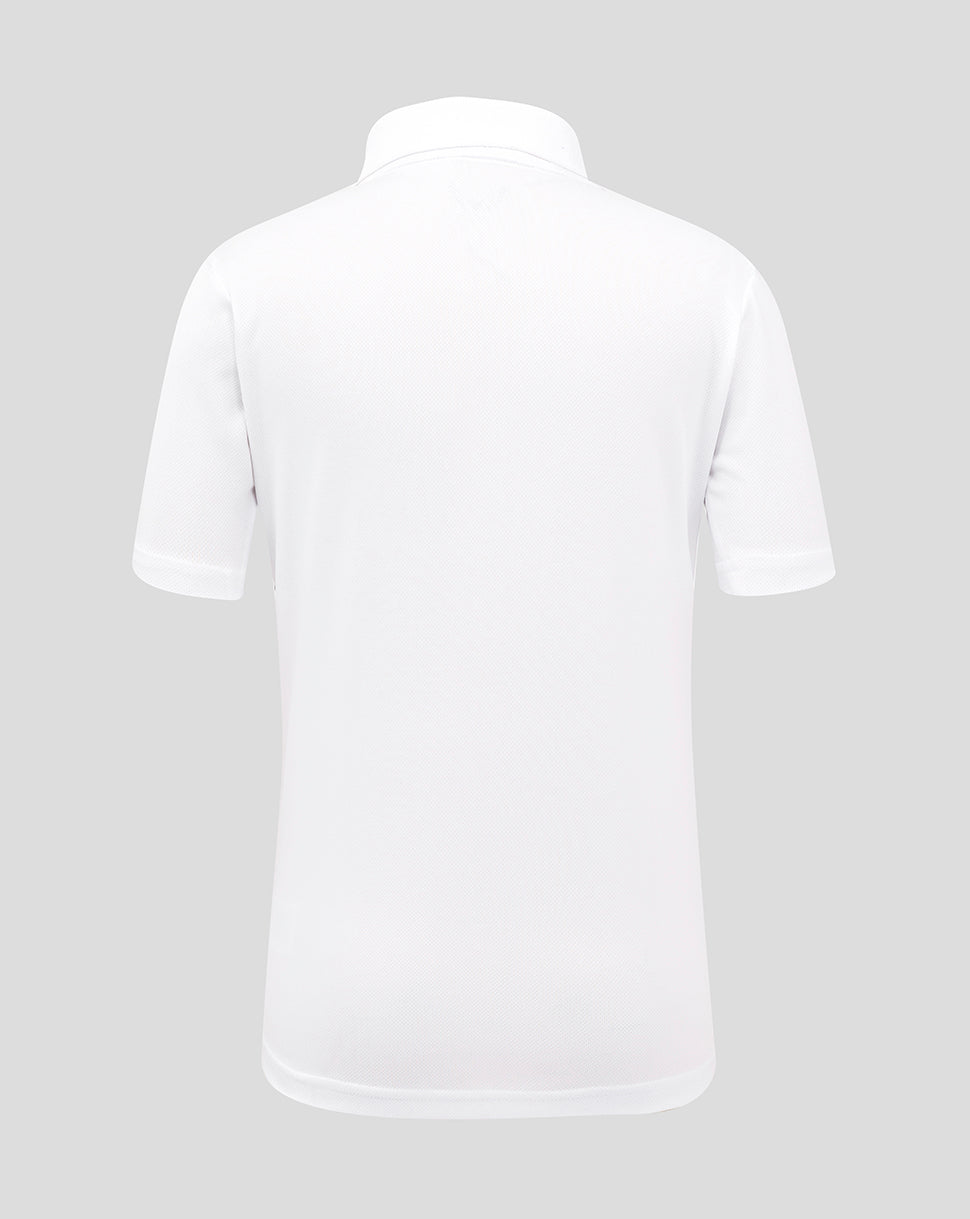 Back view of the white junior England Test polo shirt with subtle texture.