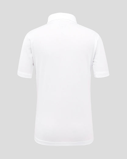 Back view of the white junior England Test polo shirt with subtle texture.