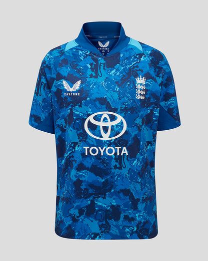 Front view of blue camo junior England ODI shirt with cap featuring Toyota logo centered on the chest