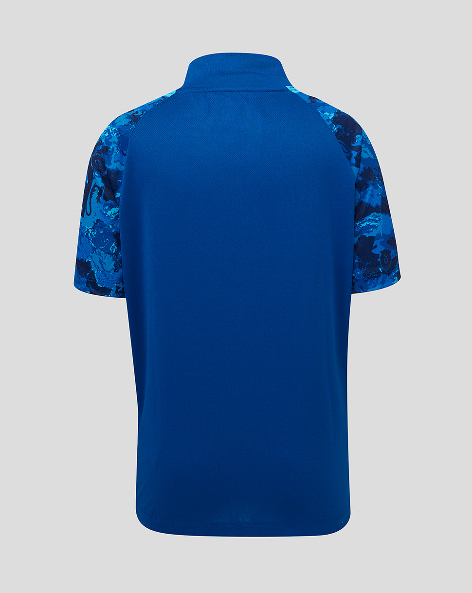 Back view of junior England ODI shirt in royal blue with camo patterned sleeves