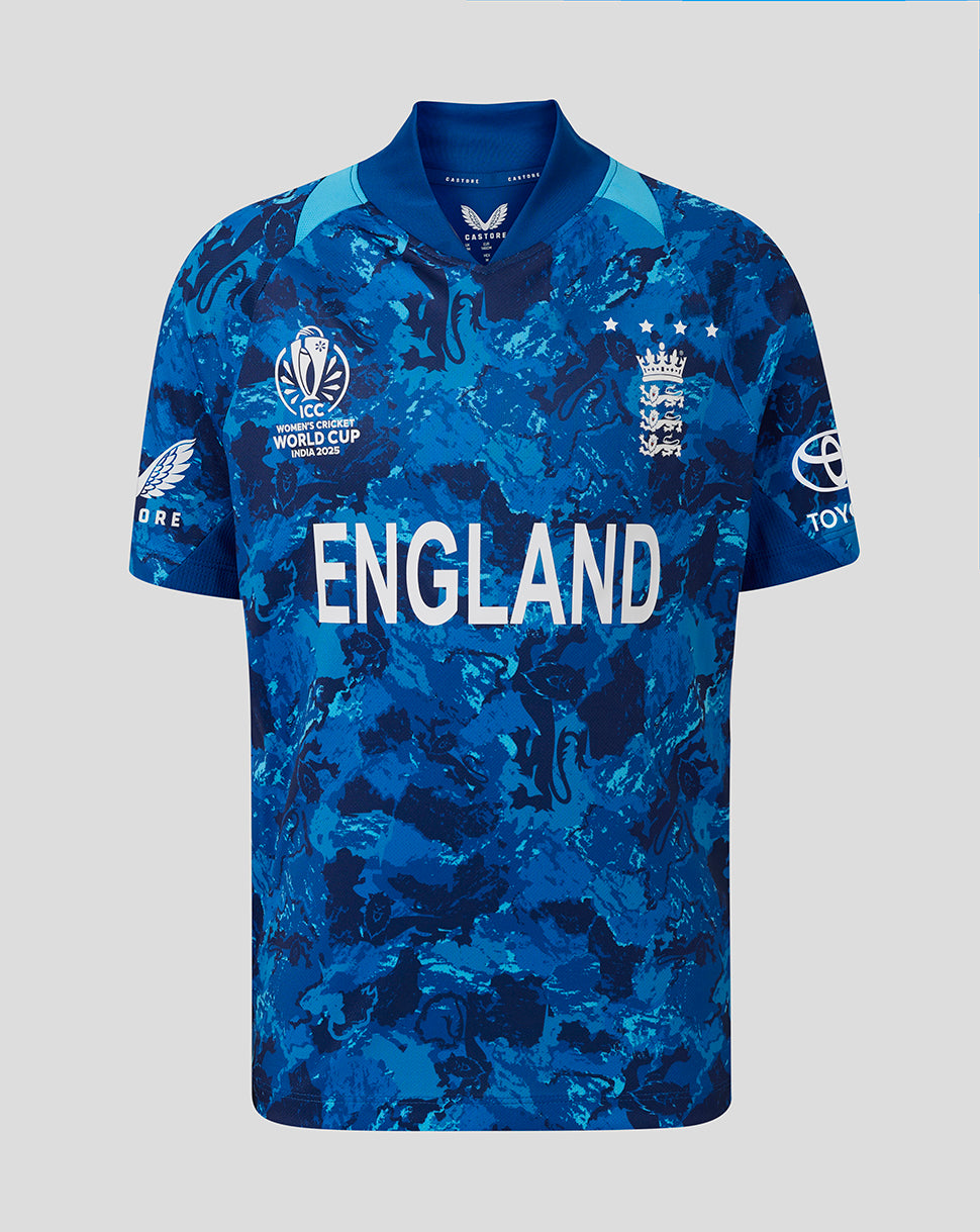 Front view of junior blue England ODI World Cup replica shirt with camo pattern and crest