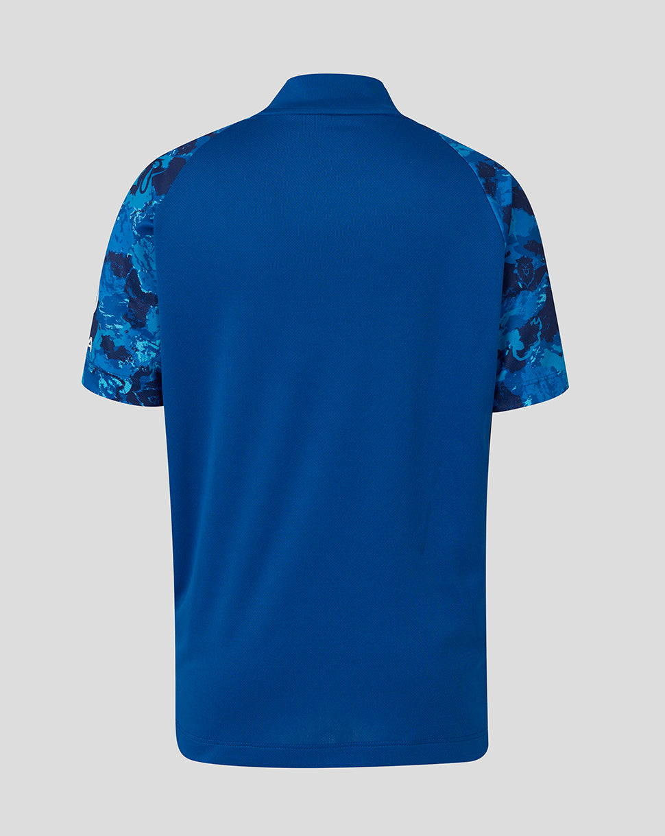 Back view of blue England junior replica shirt with plain back and camo sleeves