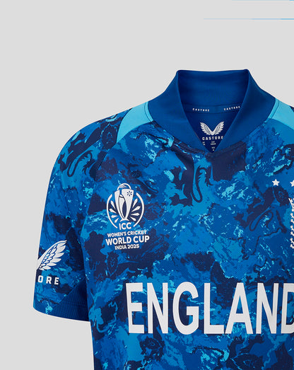 England ODI World Cup junior replica shirt in blue camouflage with ICC crest and ENGLAND lettering across the front