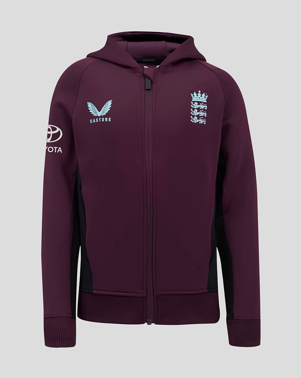 Front view of plum England Cricket Training Junior Full Zip Hoody with light blue Castore logo on left chest and England crest on right chest.