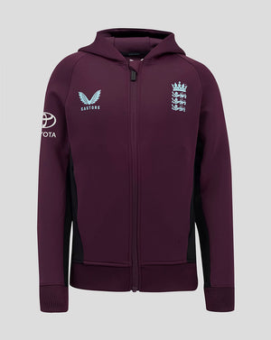 Front view of plum England Cricket Training Junior Full Zip Hoody with light blue Castore logo on left chest and England crest on right chest.