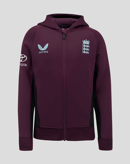 Front view of plum England Cricket Training Junior Full Zip Hoody with light blue Castore logo on left chest and England crest on right chest.