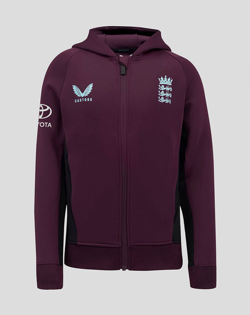 Front view of plum England Cricket Training Junior Full Zip Hoody with light blue Castore logo on left chest and England crest on right chest.