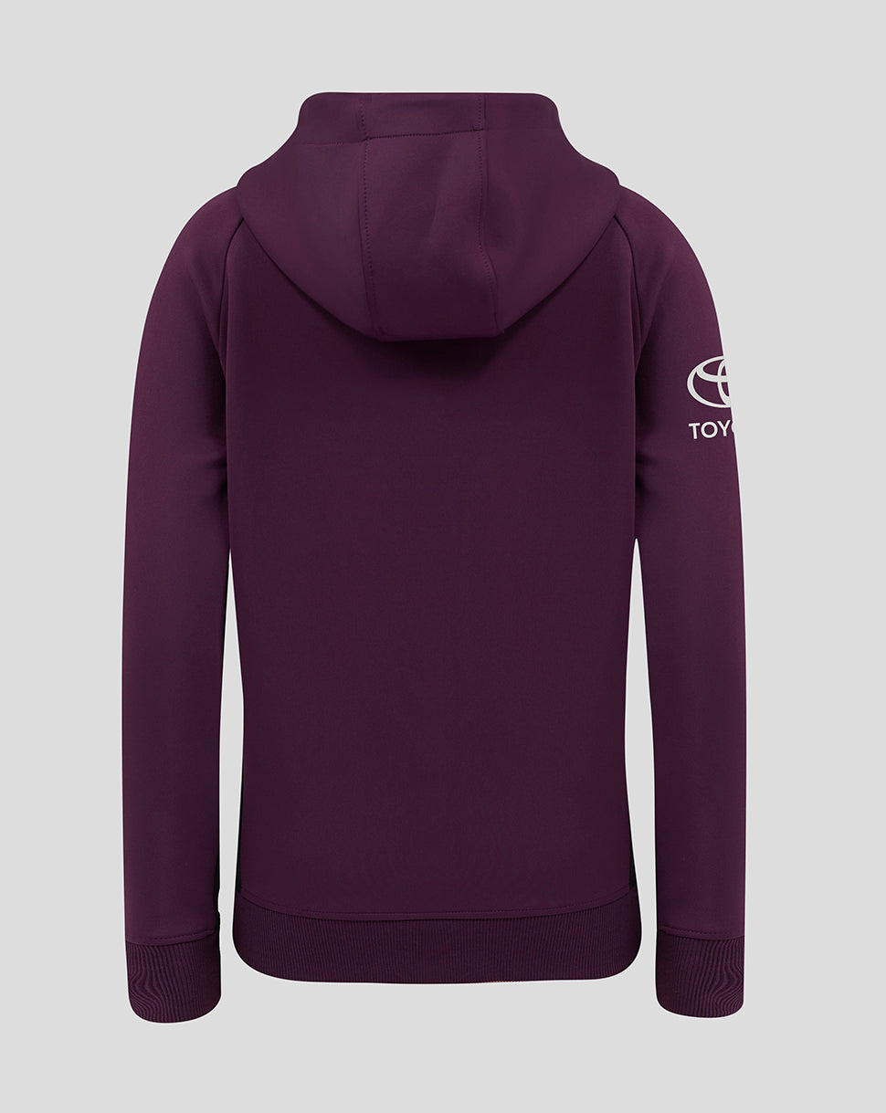 Back view of plum England Cricket Training Junior Full Zip Hoody with hood and ribbed hem.