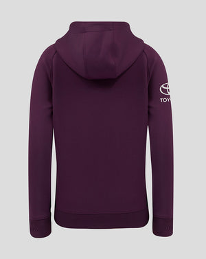 Back view of plum England Cricket Training Junior Full Zip Hoody with hood and ribbed hem.