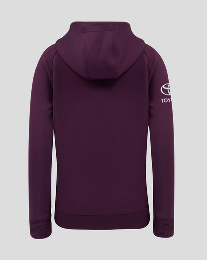 Back view of plum England Cricket Training Junior Full Zip Hoody with hood and ribbed hem.