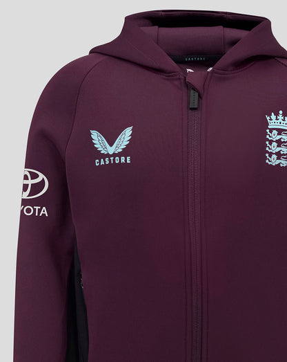 Close-up of plum hoodie showing light blue Castore logo on the chest and England crest on the other chest with zipper detail.