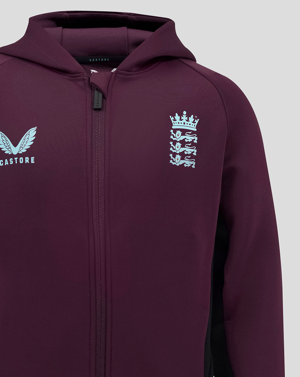 Maroon England cricket training junior full zip hoody with pale blue logos on the chest.