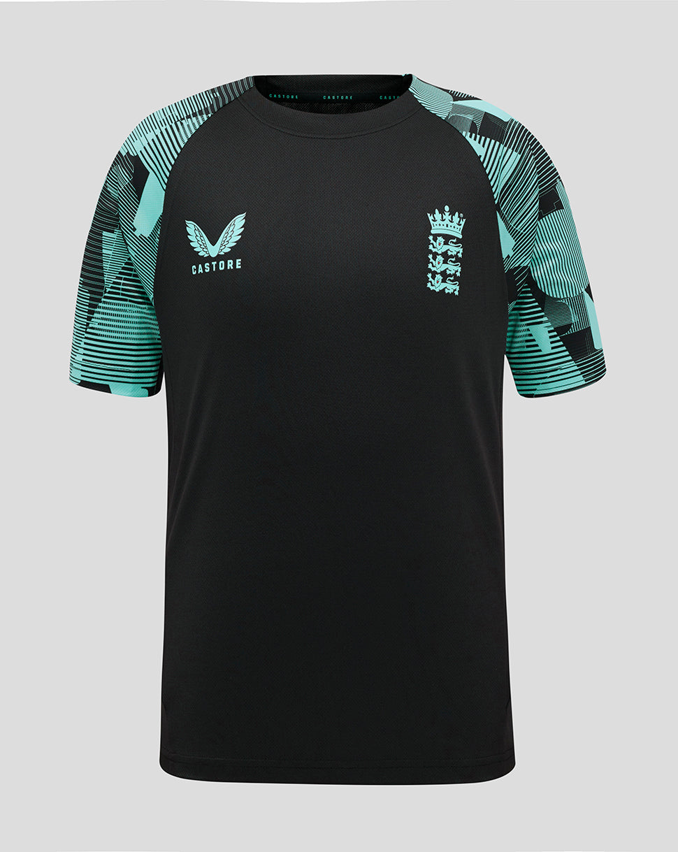 Front view of England junior Ashes training short sleeve tee with black body and teal patterned sleeves and chest crests.