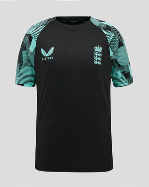 Front view of England junior Ashes training short sleeve tee with black body and teal patterned sleeves and chest crests.