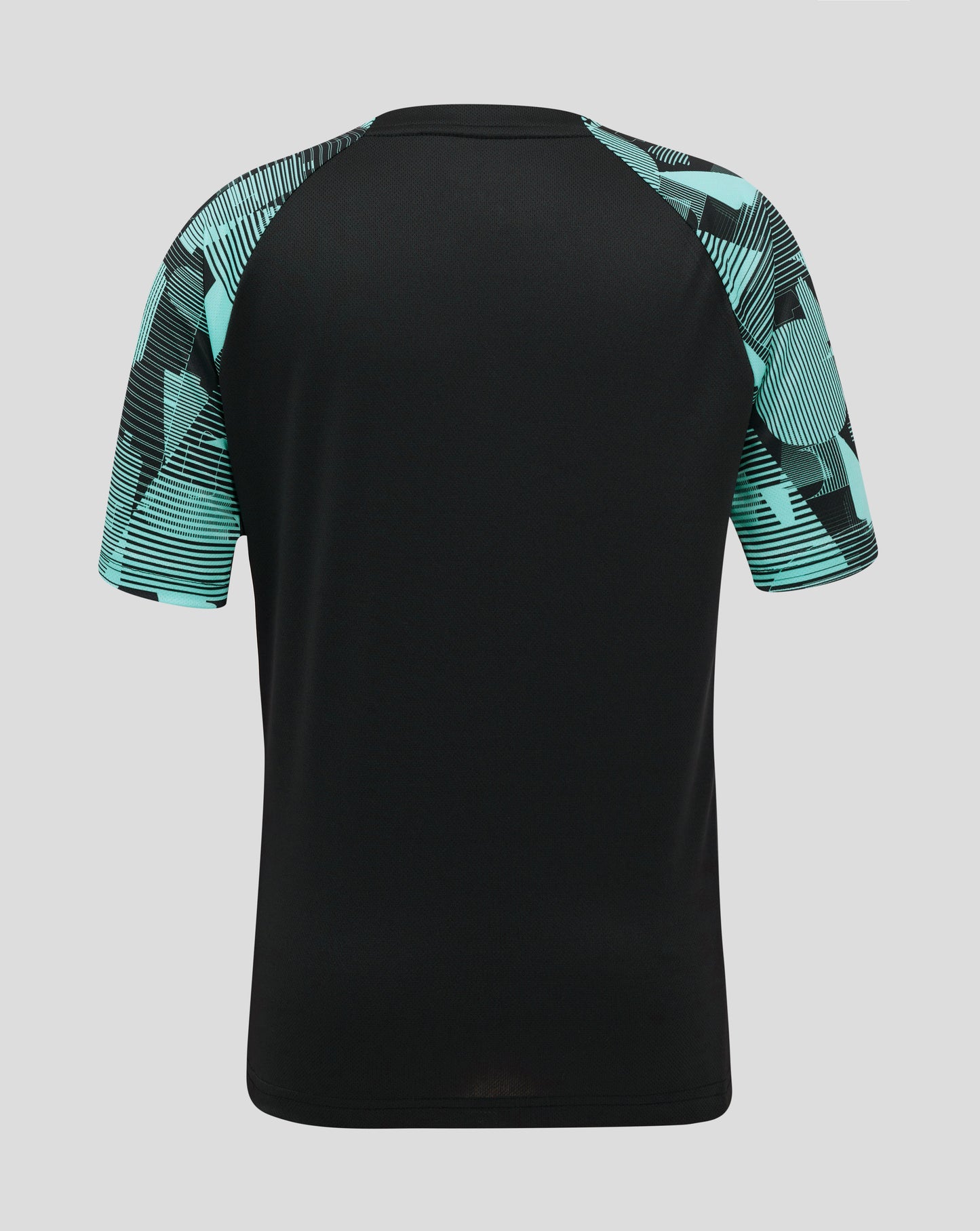 Back view of England Cricket junior training short sleeve tee featuring a black body and turquoise patterned sleeves.