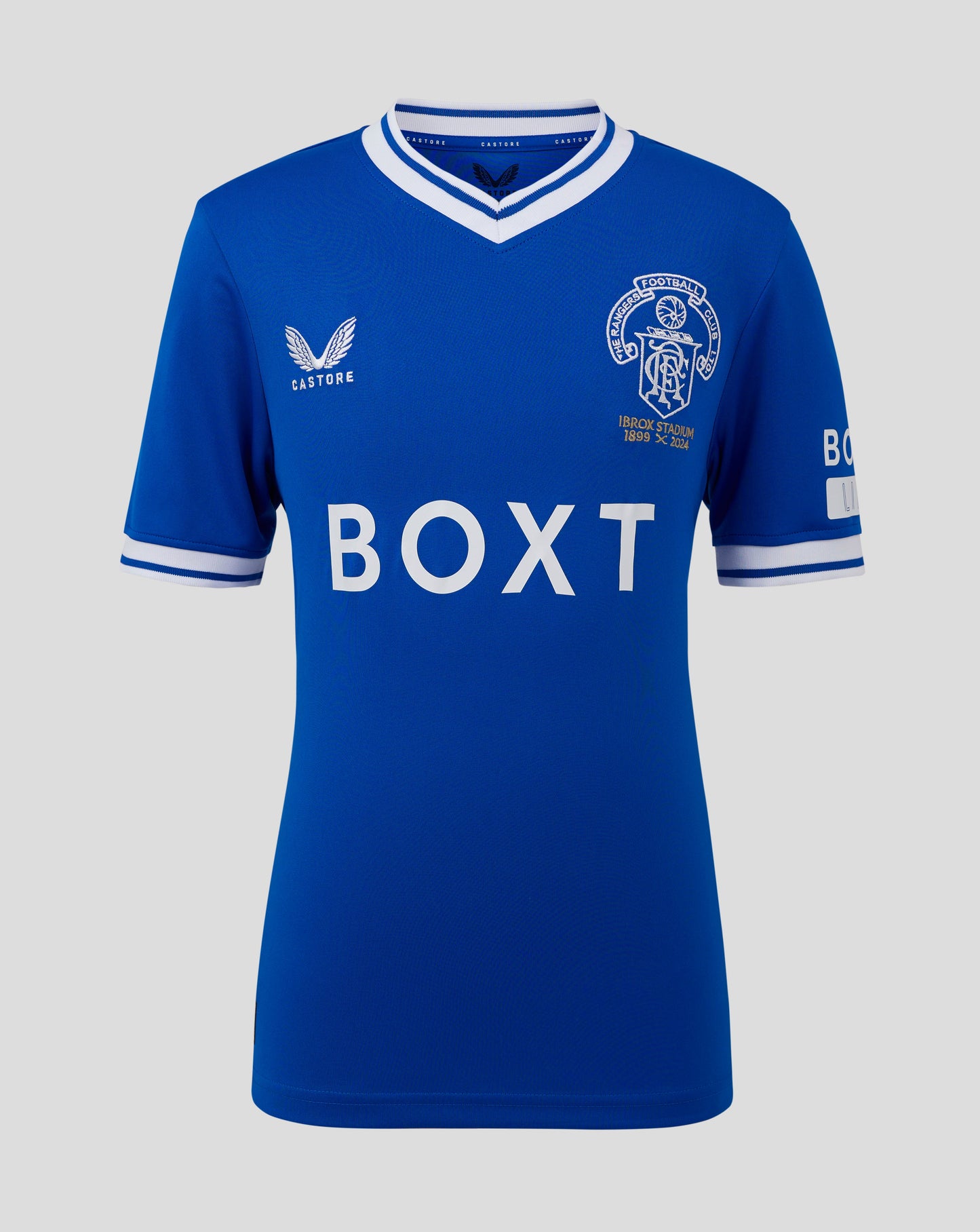 Front of blue Rangers replica shirt with crest on chest, bold BOXT sponsor and white striped V neck collar.