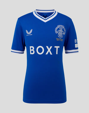 Front of blue Rangers replica shirt with crest on chest, bold BOXT sponsor and white striped V neck collar.
