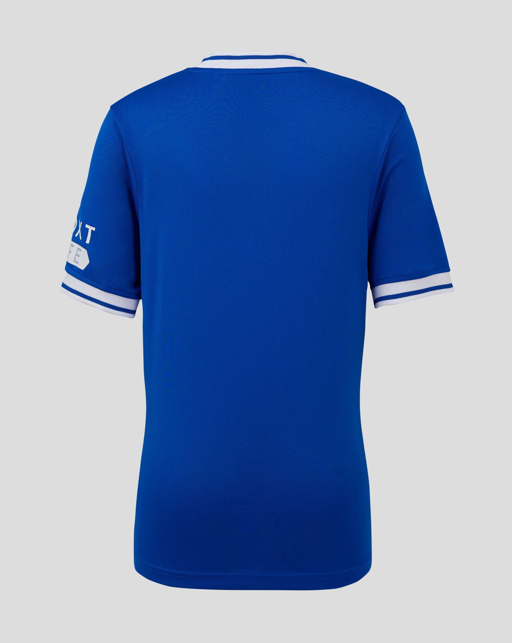Back view of blue Rangers Ibrox 125 heritage shirt with white and blue collar trim