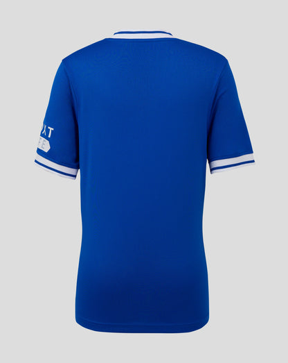 Back view of blue Rangers Ibrox 125 heritage shirt with white and blue collar trim