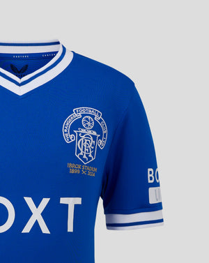 Blue Rangers FC Ibrox 125 Heritage shirt with white striped roll neck collar and club crest on the chest