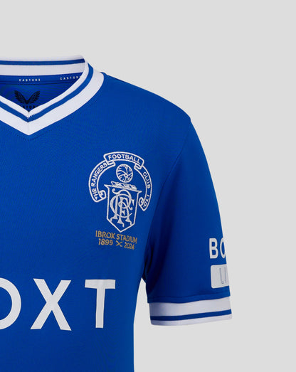 Blue Rangers FC Ibrox 125 Heritage shirt with white striped roll neck collar and club crest on the chest