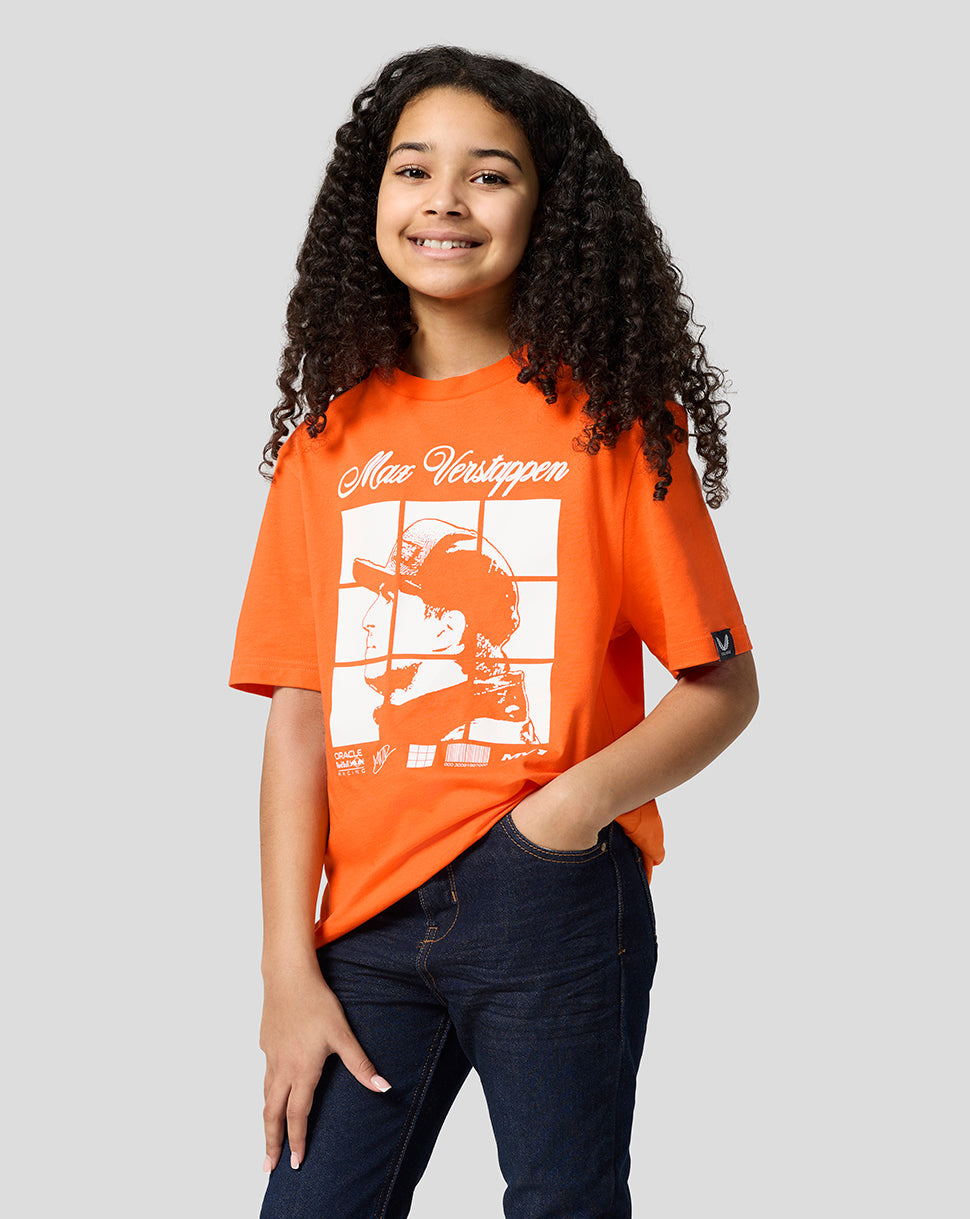 Young girl wearing Exotic Orange Oracle Red Bull Racing Junior Max Verstappen Puzzle T Shirt with bold front graphic