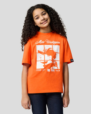 Girl with curly hair wearing an orange Max Verstappen graphic T shirt from Oracle Red Bull Racing.