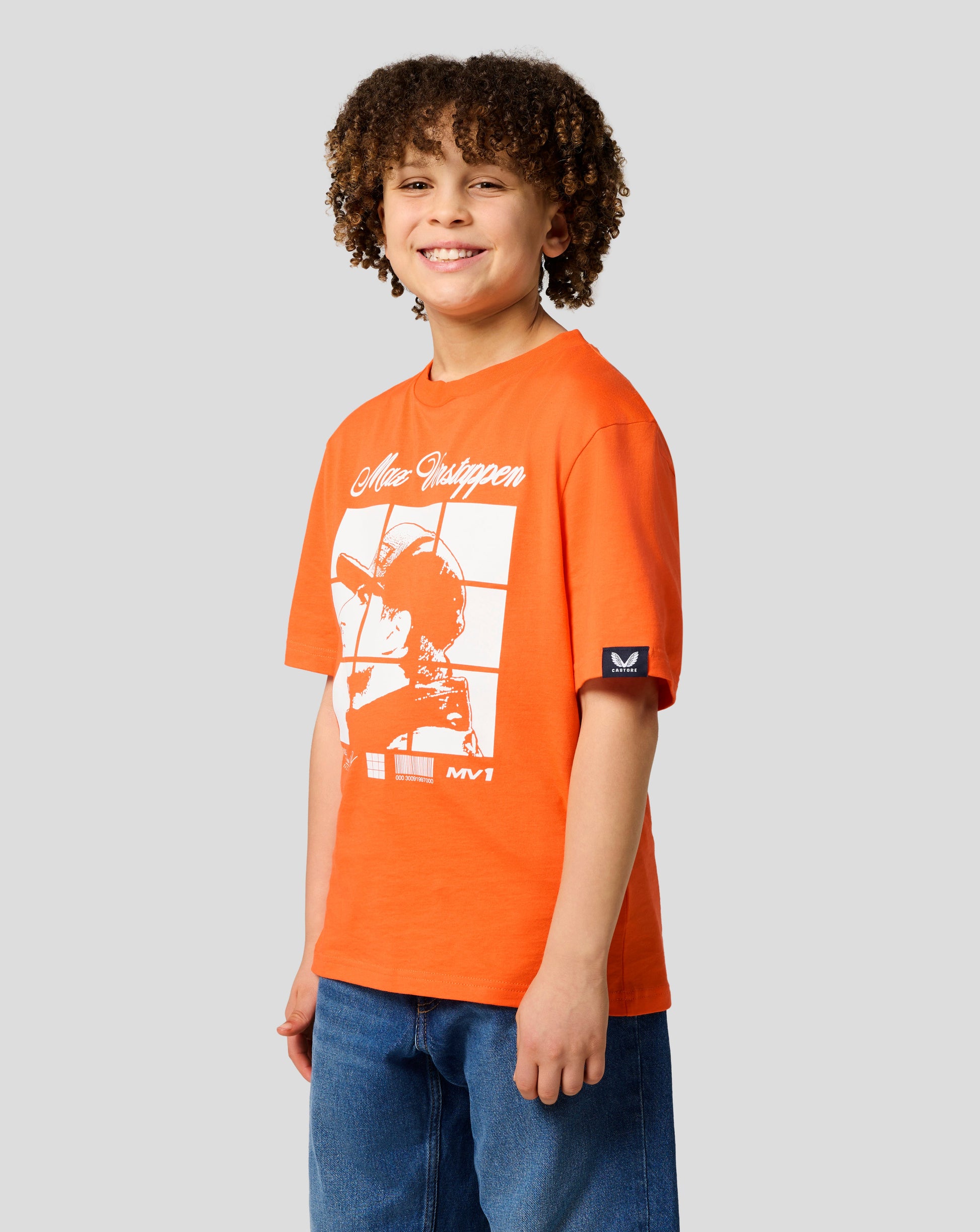 Young person wearing Exotic Orange Oracle Red Bull Racing Junior Max Verstappen Puzzle T Shirt with Verstappen graphic