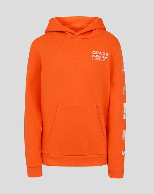 Bright orange Oracle Red Bull Racing junior hoodie with white chest logo and front kangaroo pocket.
