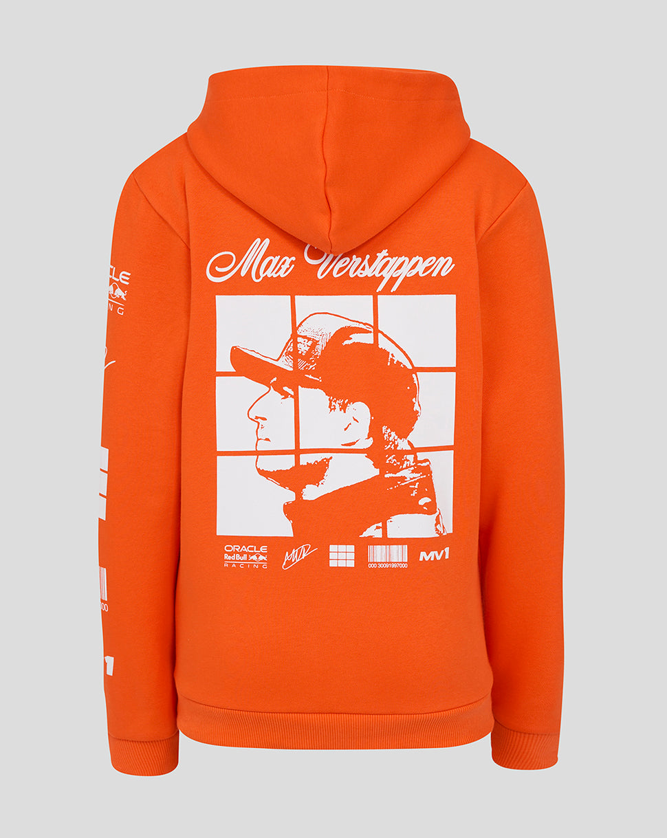 Back view of bright orange Oracle Red Bull Racing Junior Max Verstappen puzzle hoodie with large white graphic.