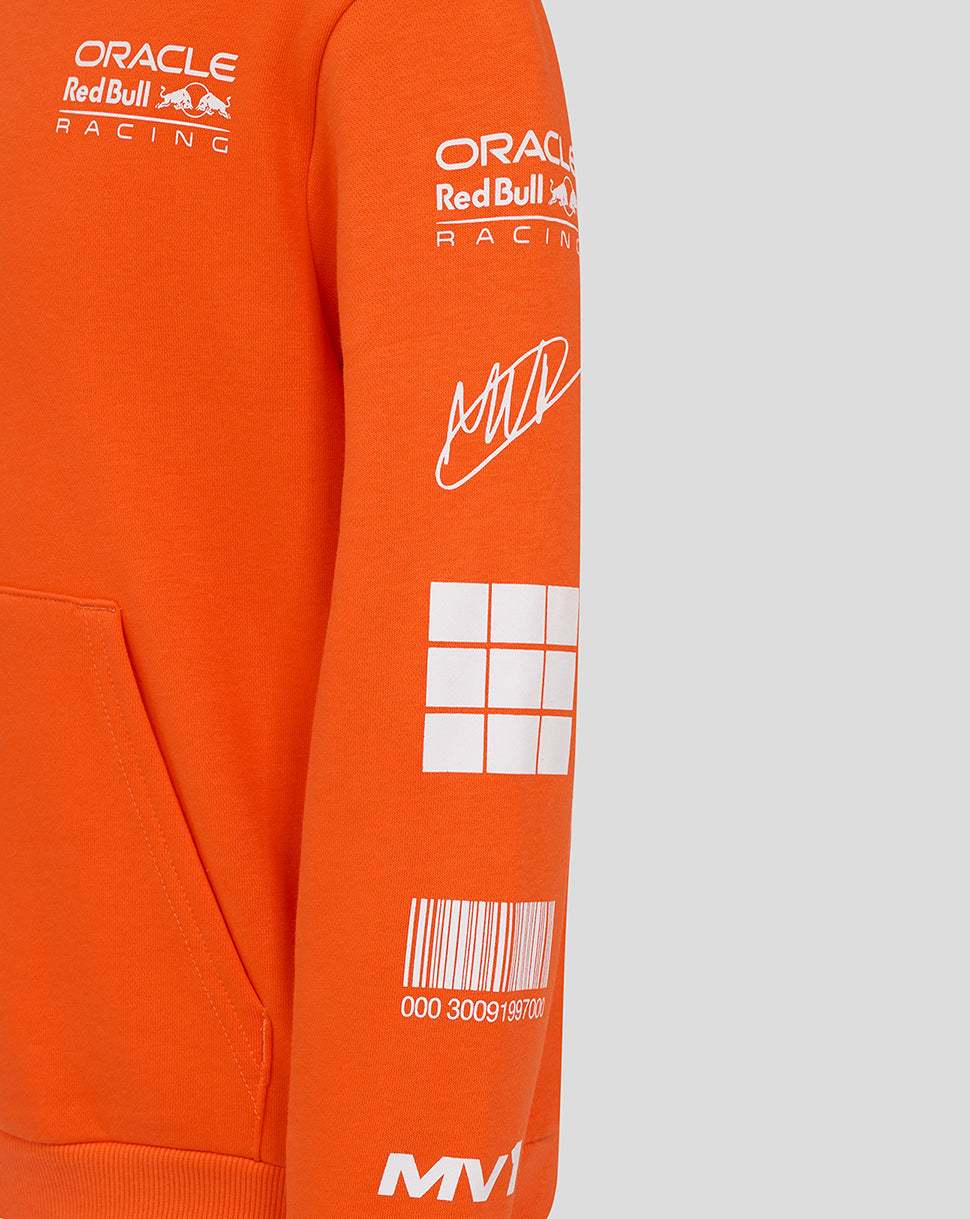 Exotic orange Oracle Red Bull Racing hoodie close up of chest logo and sleeve graphics including barcode