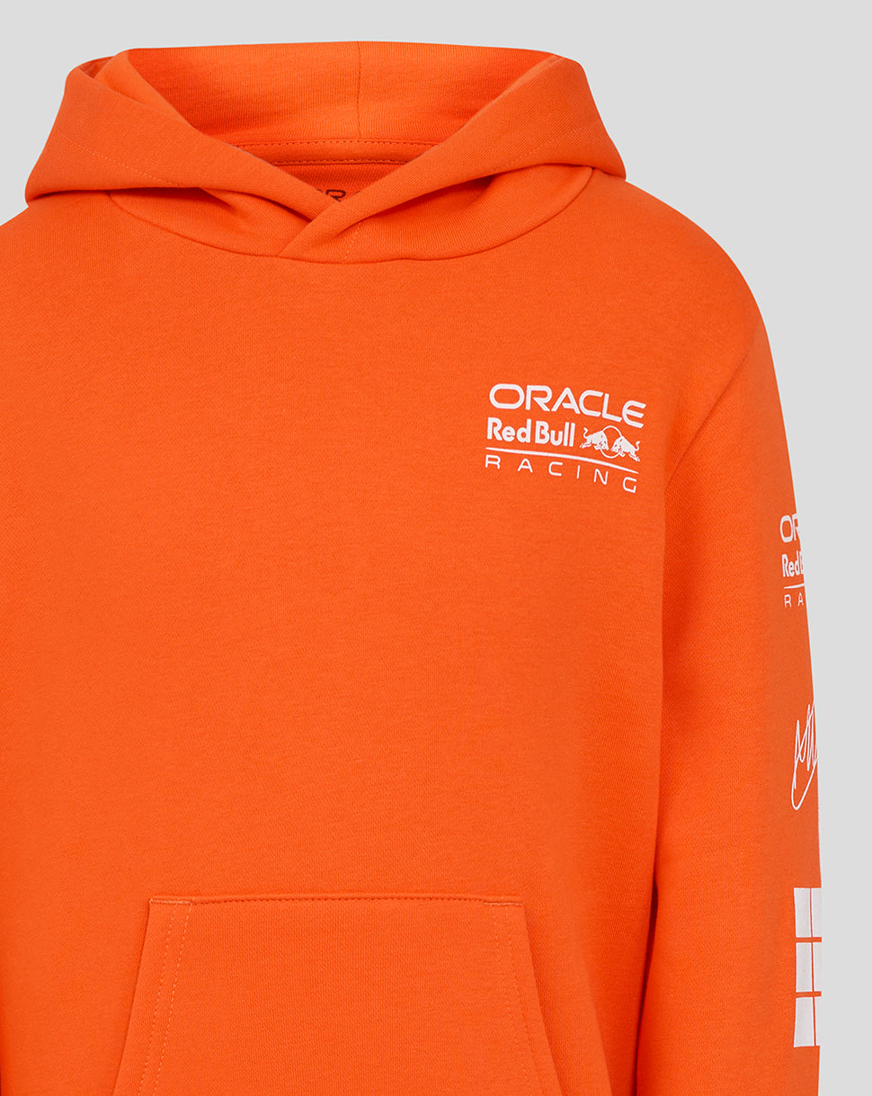 Exotic orange Oracle Red Bull Racing hoodie upper chest view with logo and hood