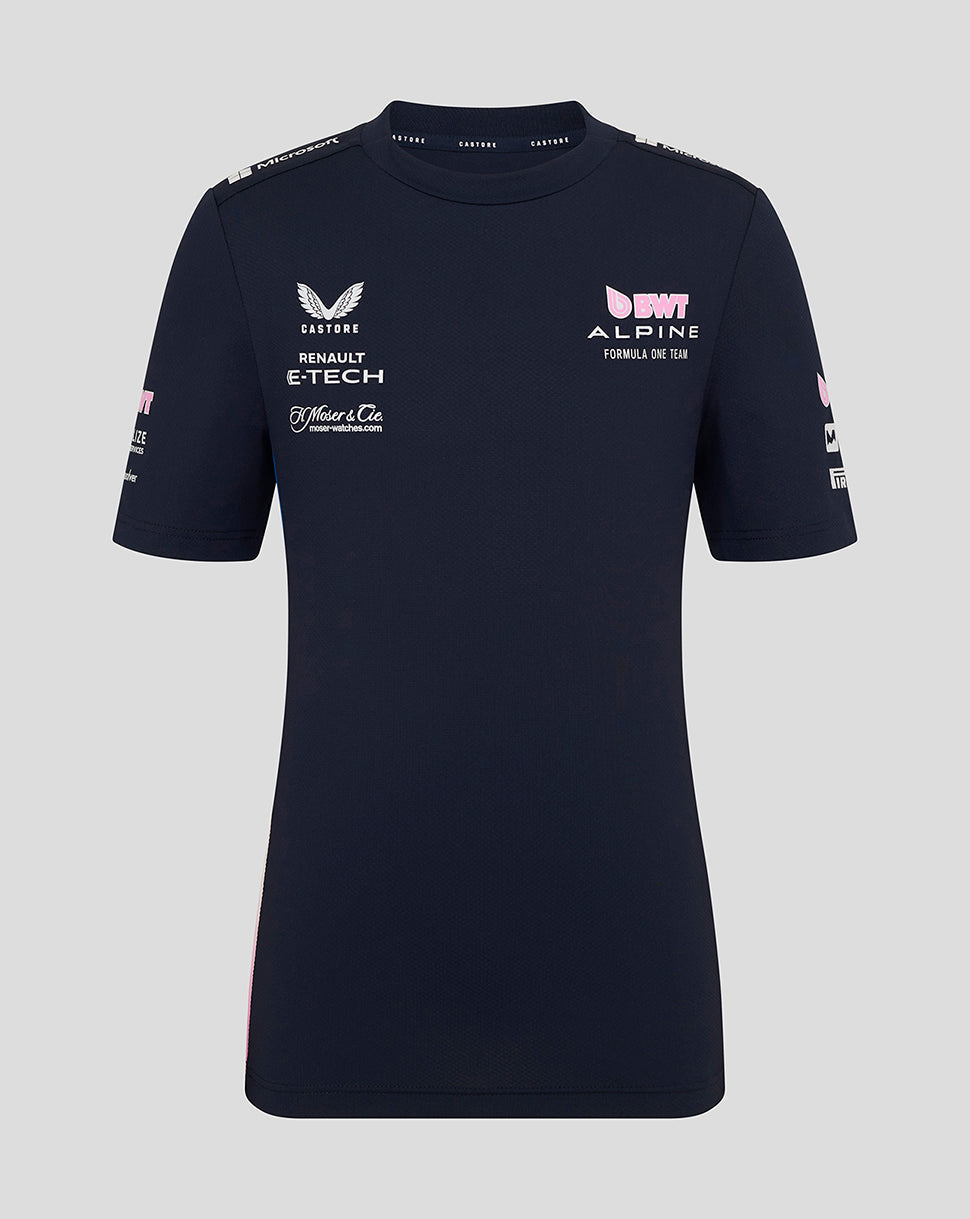Navy BWT Alpine junior Set Up T shirt with sponsor logos and pink side panels, crew neck and short sleeves.
