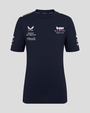 Navy BWT Alpine junior Set Up T shirt with sponsor logos and pink side panels, crew neck and short sleeves.