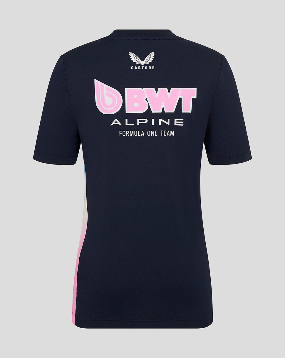 Back view of navy BWT Alpine junior Set Up T shirt showing a large pink BWT Alpine logo across the back.