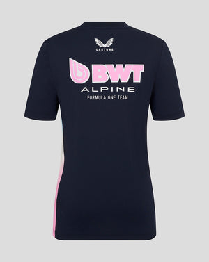 Back view of navy BWT Alpine junior Set Up T shirt showing a large pink BWT Alpine logo across the back.