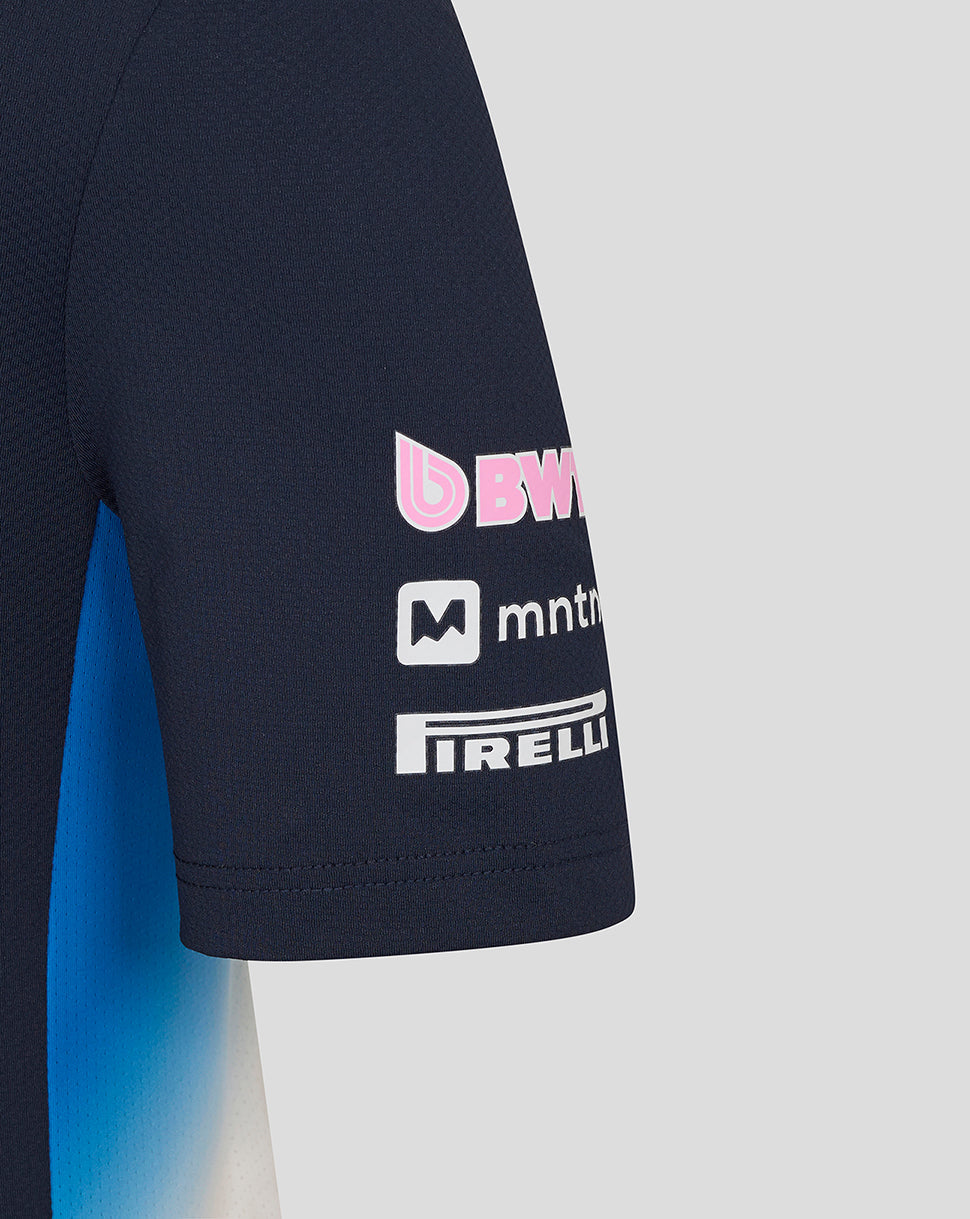 Navy sleeve close up showing BWT Alpine branding with MNTN and PIRELLI logos and blue side panel.