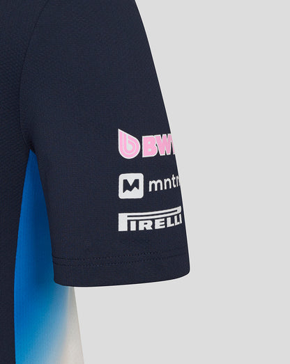 Navy sleeve close up showing BWT Alpine branding with MNTN and PIRELLI logos and blue side panel.