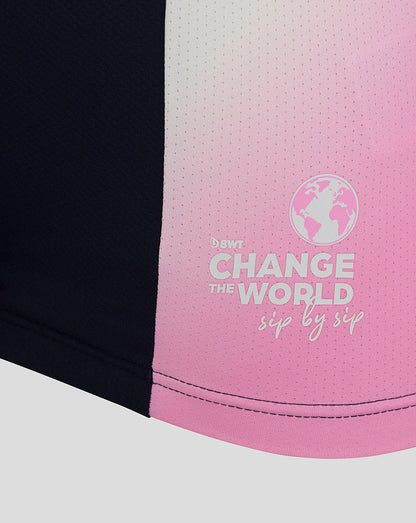 Pink gradient panel on the BWT Alpine jersey featuring Change the World globe graphic