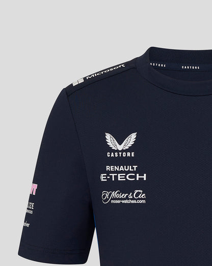 Navy junior Set Up T Shirt chest with Castore wing logo Renault E-TECH and Moser & Cie branding.