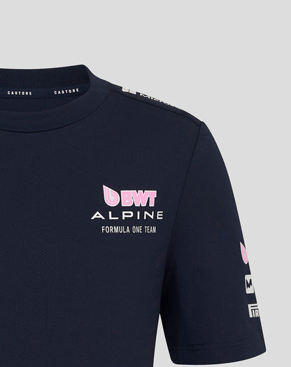 Front view of navy BWT Alpine Set Up T Shirt with pink BWT logo and FORMULA ONE TEAM branding on the chest.
